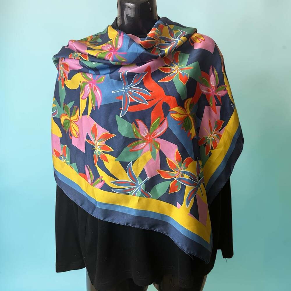 J. McLaughlin Floral Scarf Blue Yellow Pink Polyester